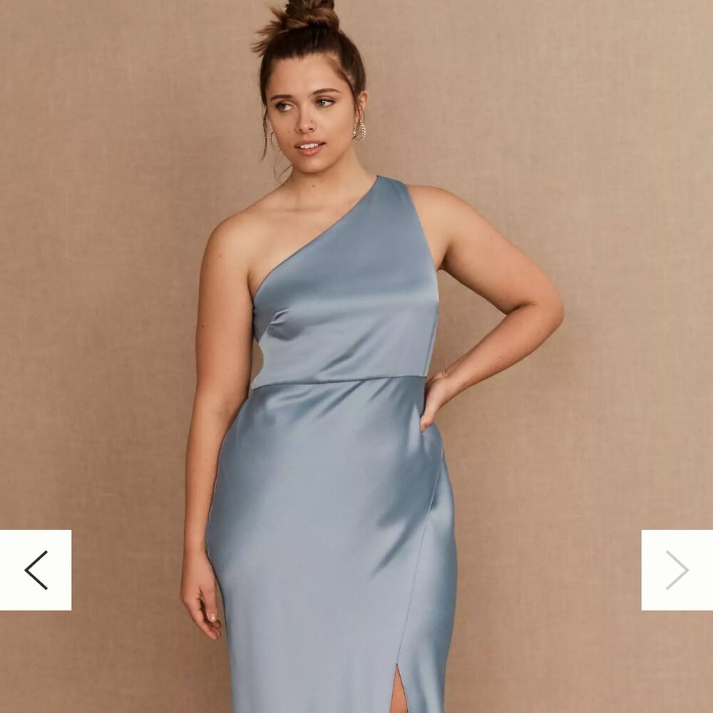 BHLDN Dylan One-Shoulder Satin Side-Slit Gown Dusty Blue 18W NWT